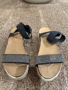 Rock & Candy Black Rhinestone Espadrille Sandals with Ankle Wrap